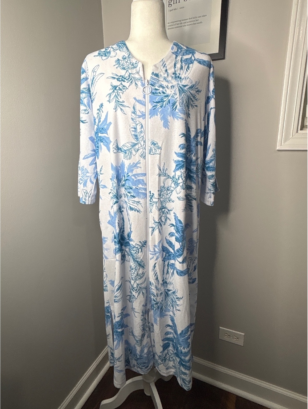 Miss Elaine Essentials Blue and White Floral Print Long Robe PS